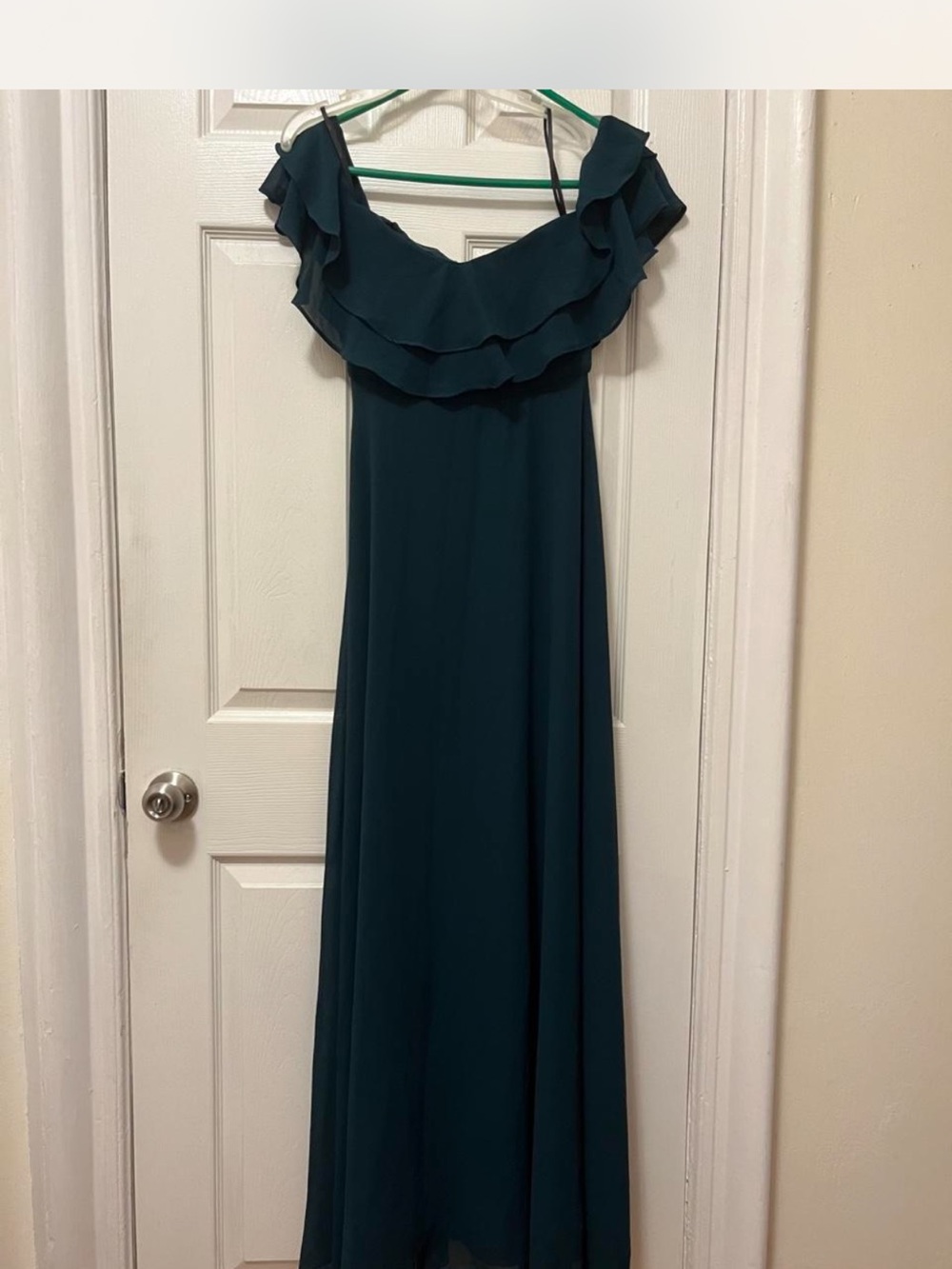 Off-Shoulder Emerald Maxi Dress with Ruffle Detail